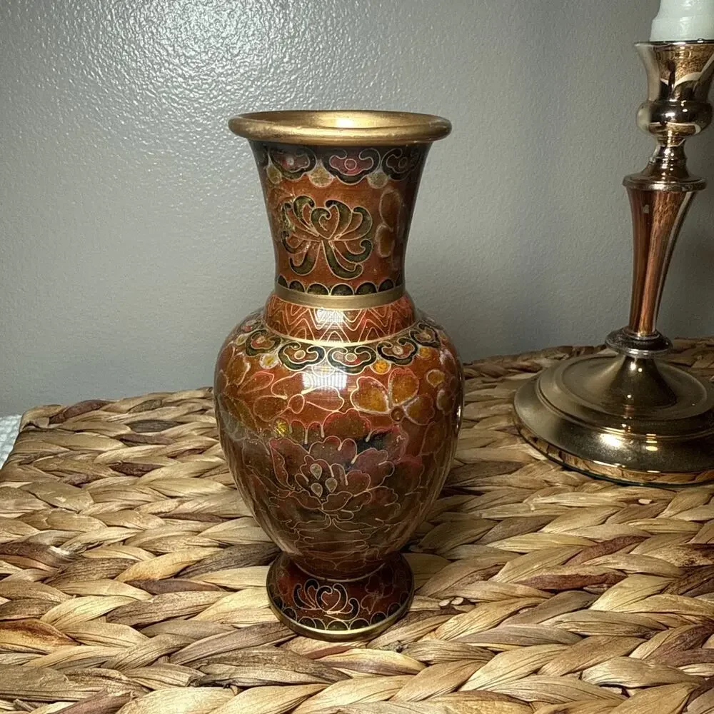 Vintage Chinese Cloisonne Vase Brass Enamel Floral Chinoiserie 6” Asian Decor